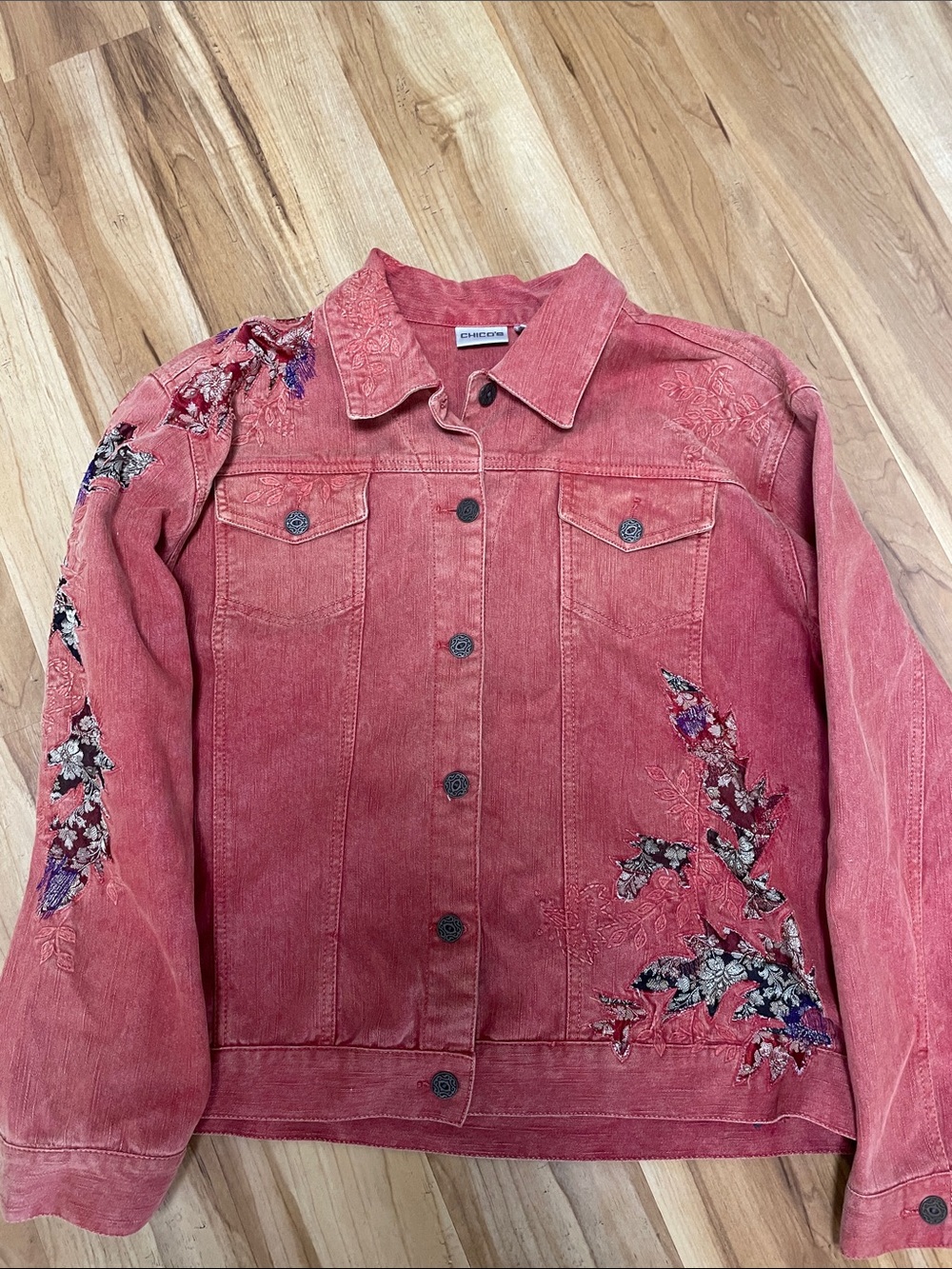 Chico's Coral Embroidered Denim Jacket